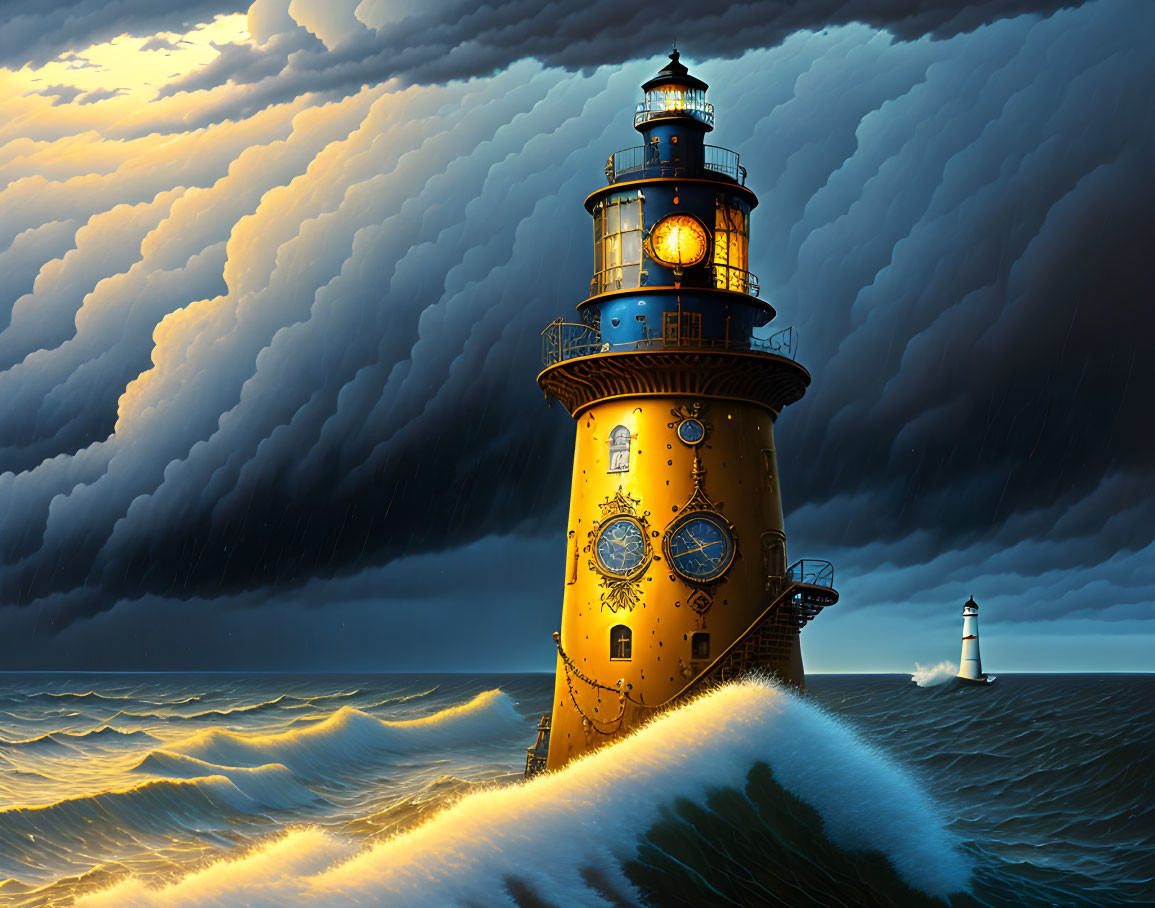 Clockwork lighthouse shines in stormy seas