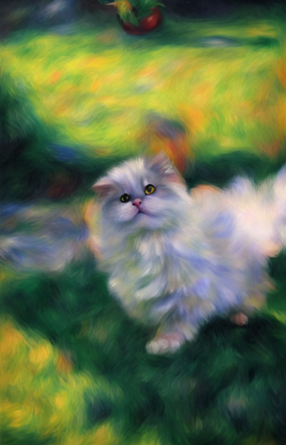 Fluffy White Cat with Yellow Eyes on Green Grass and Red Object