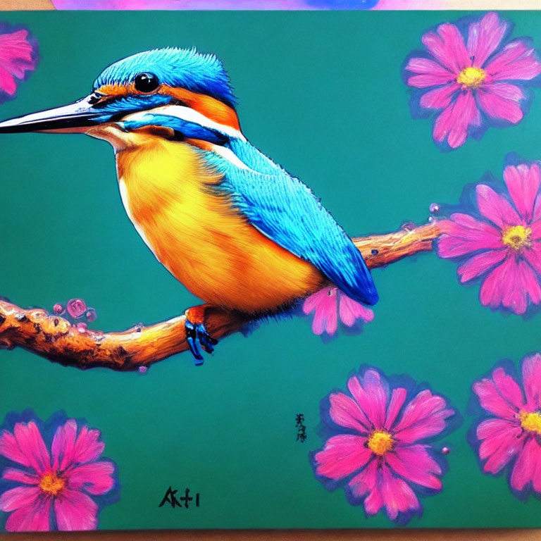 Colorful illustration: Blue kingfisher on branch with pink flowers and Asian script