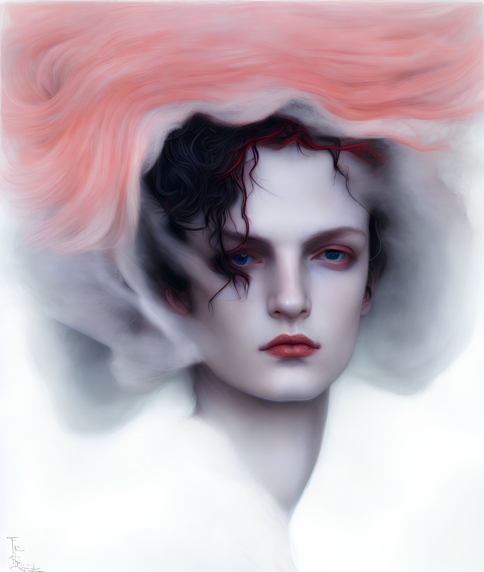 Surreal portrait of person with red hair, blue eyes, and dark lips