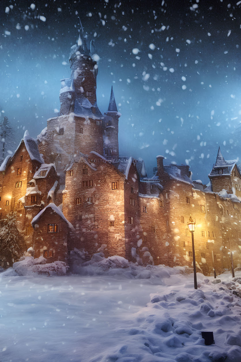Snow-covered castle at twilight with heavy snowfall and warm lights.