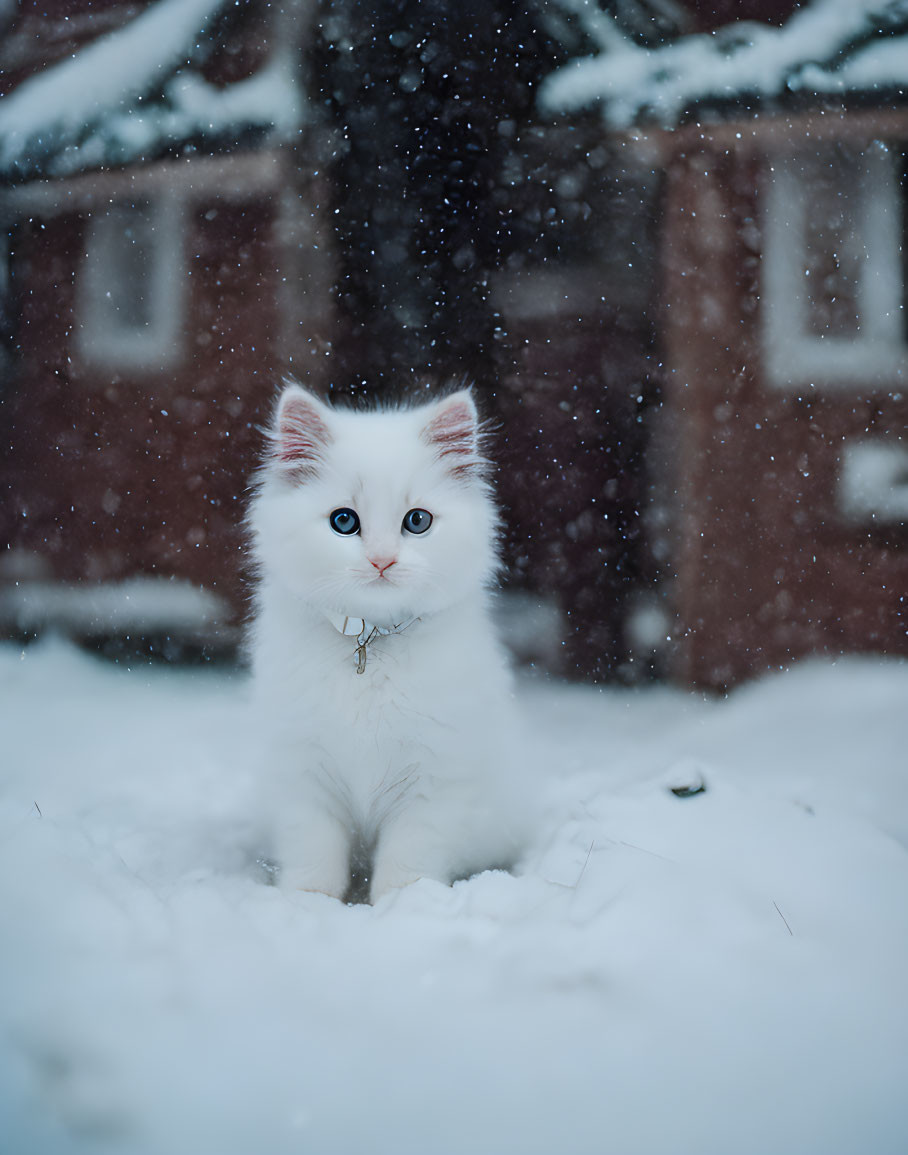 White Kitten with Blue Eyes Sitting in Snow with Falling Snowflakes