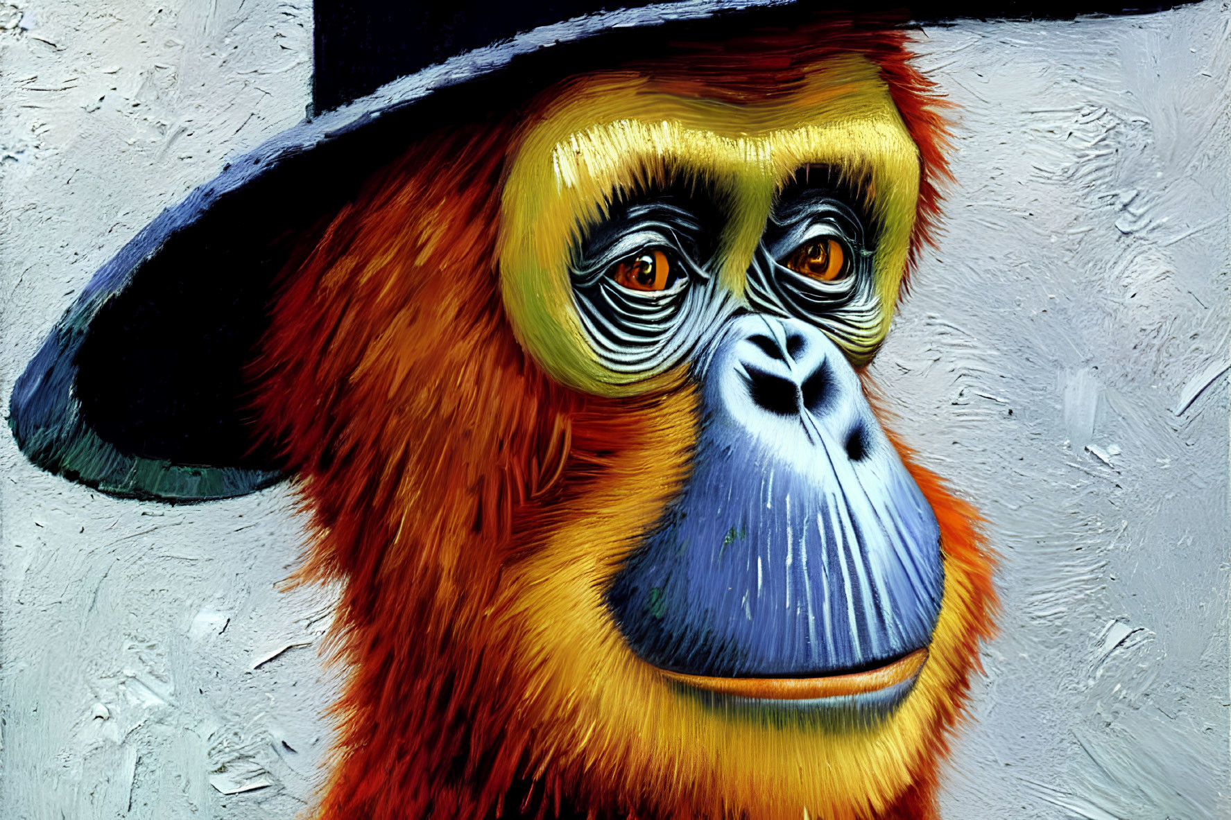 Vibrant painting of colorful monkey with blue face and black hat