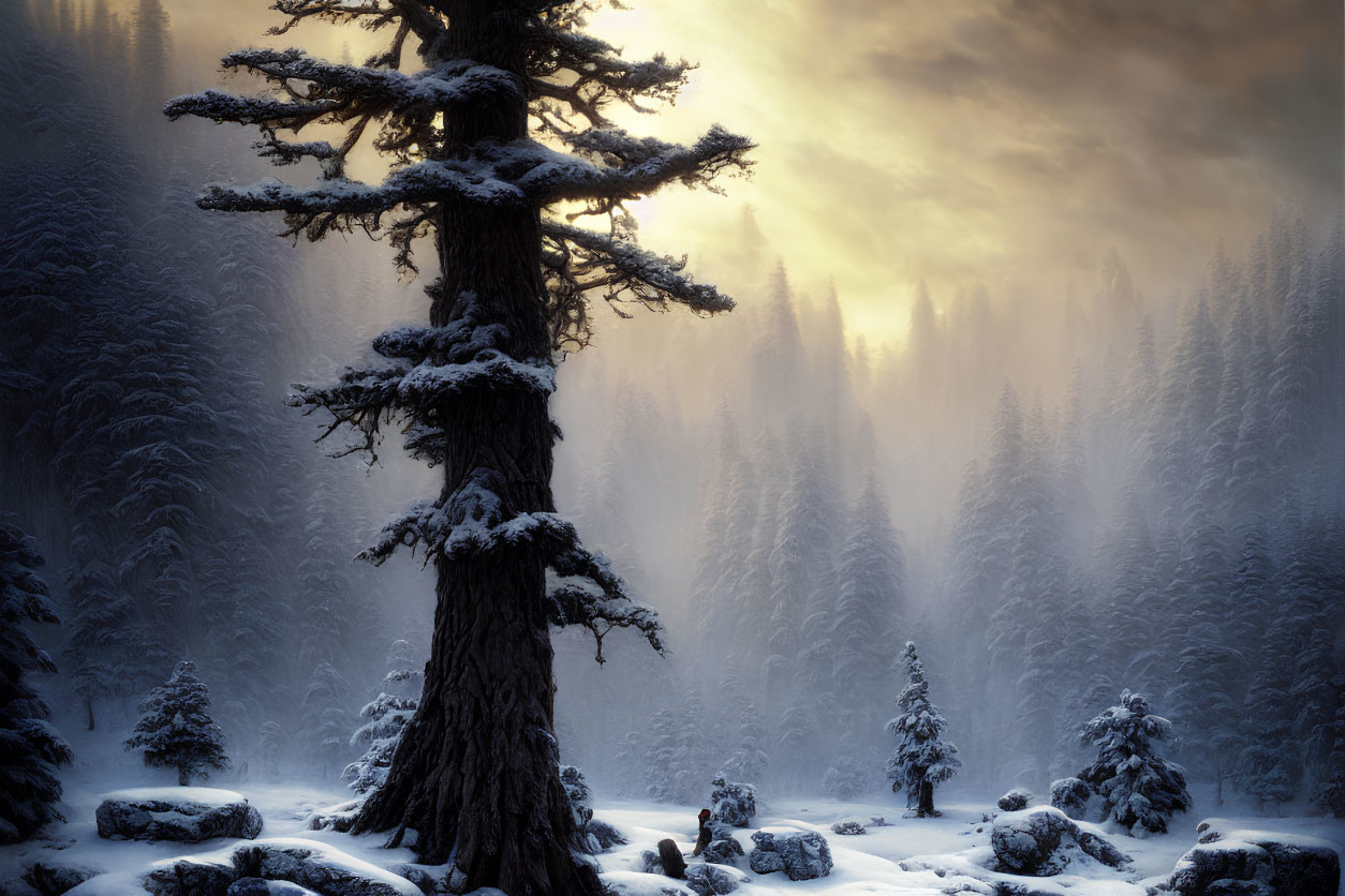 Snowy Forest Scene at Dusk with Large Tree and Sunbeams