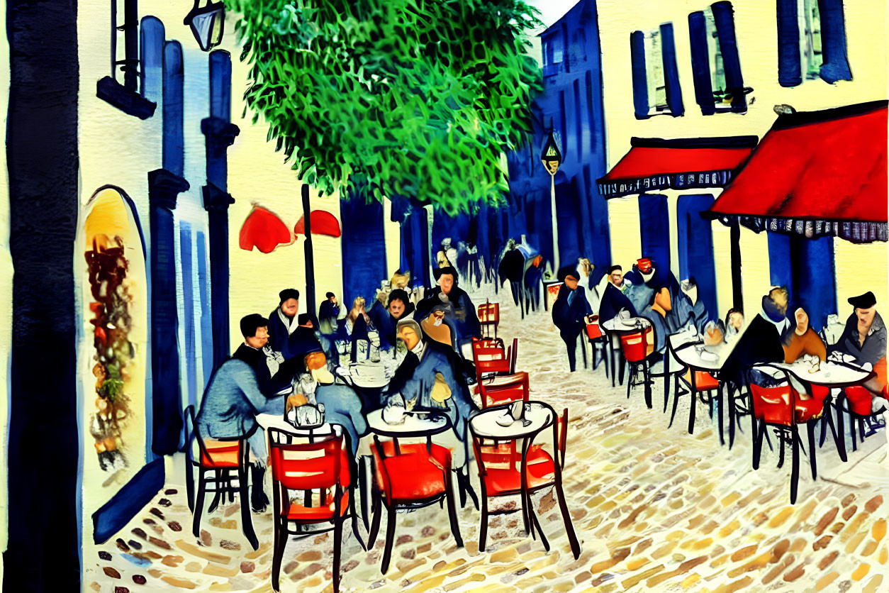 Colorful Impressionistic Street Café Scene with People Dining and Green Tree