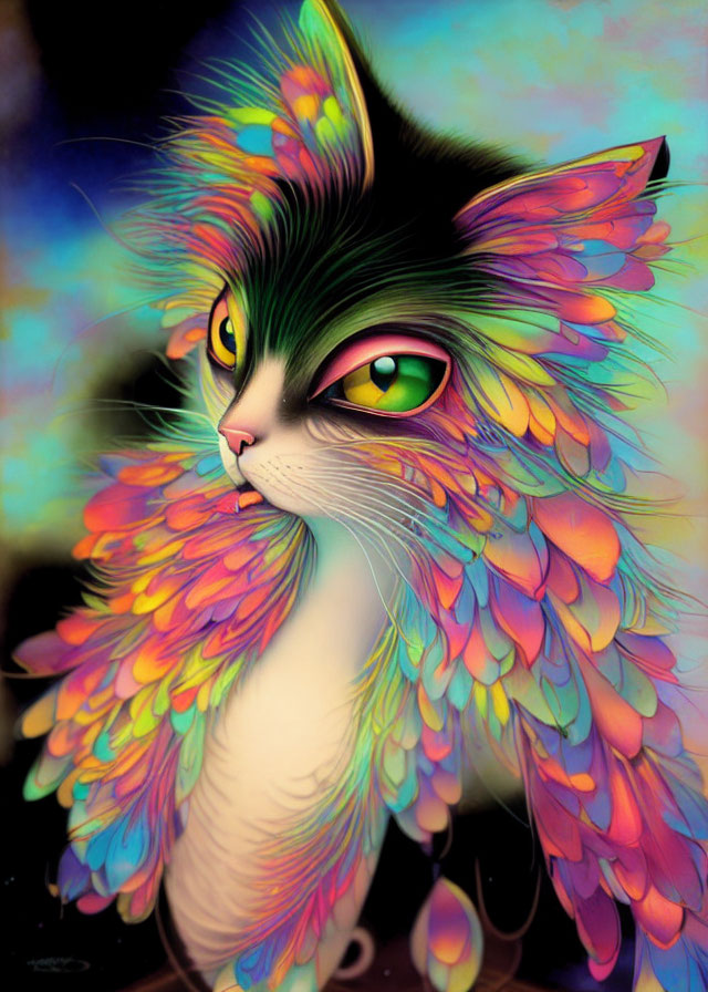 Vibrant Cat Artwork with Feather-Like Rainbow Patterns