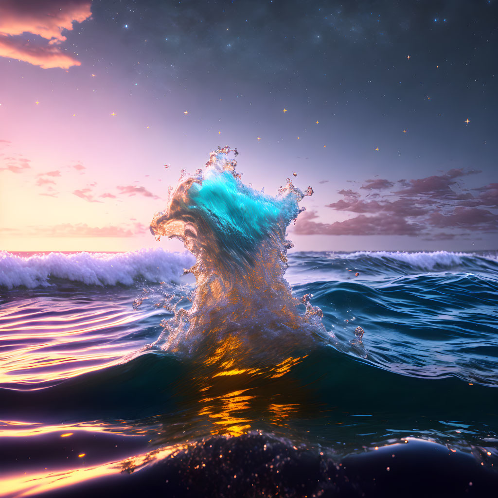 Twilight ocean scene with vibrant splash under starry sky