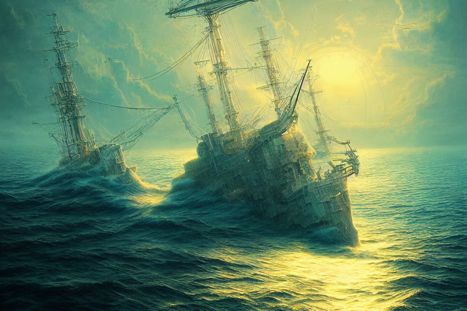Age-of-Sail Ships in Tumultuous Seas at Sunset