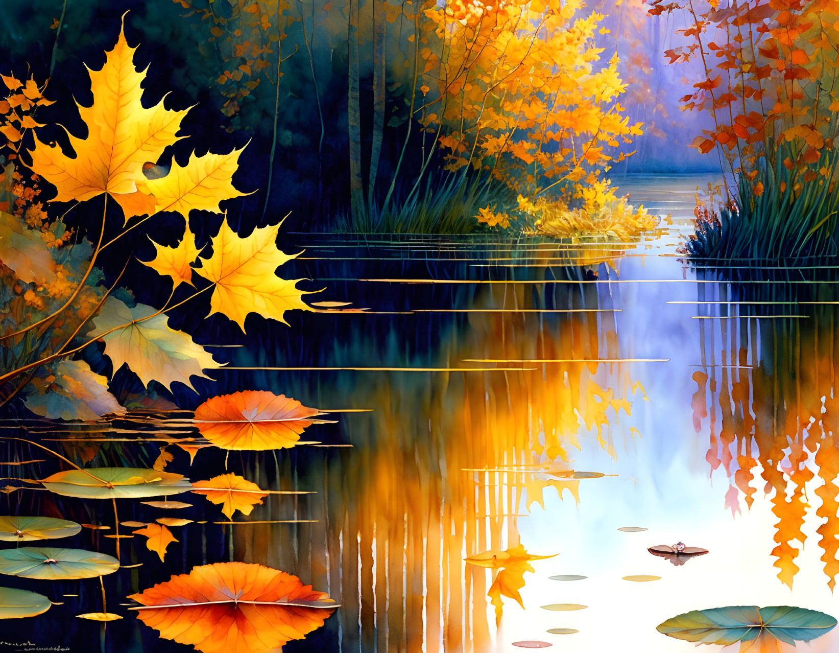 Tranquil autumn landscape with golden leaves, water reflections, lily pads, and forested backdrop