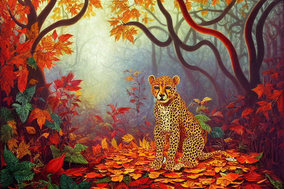 Tranquil leopard in vibrant autumn forest scene