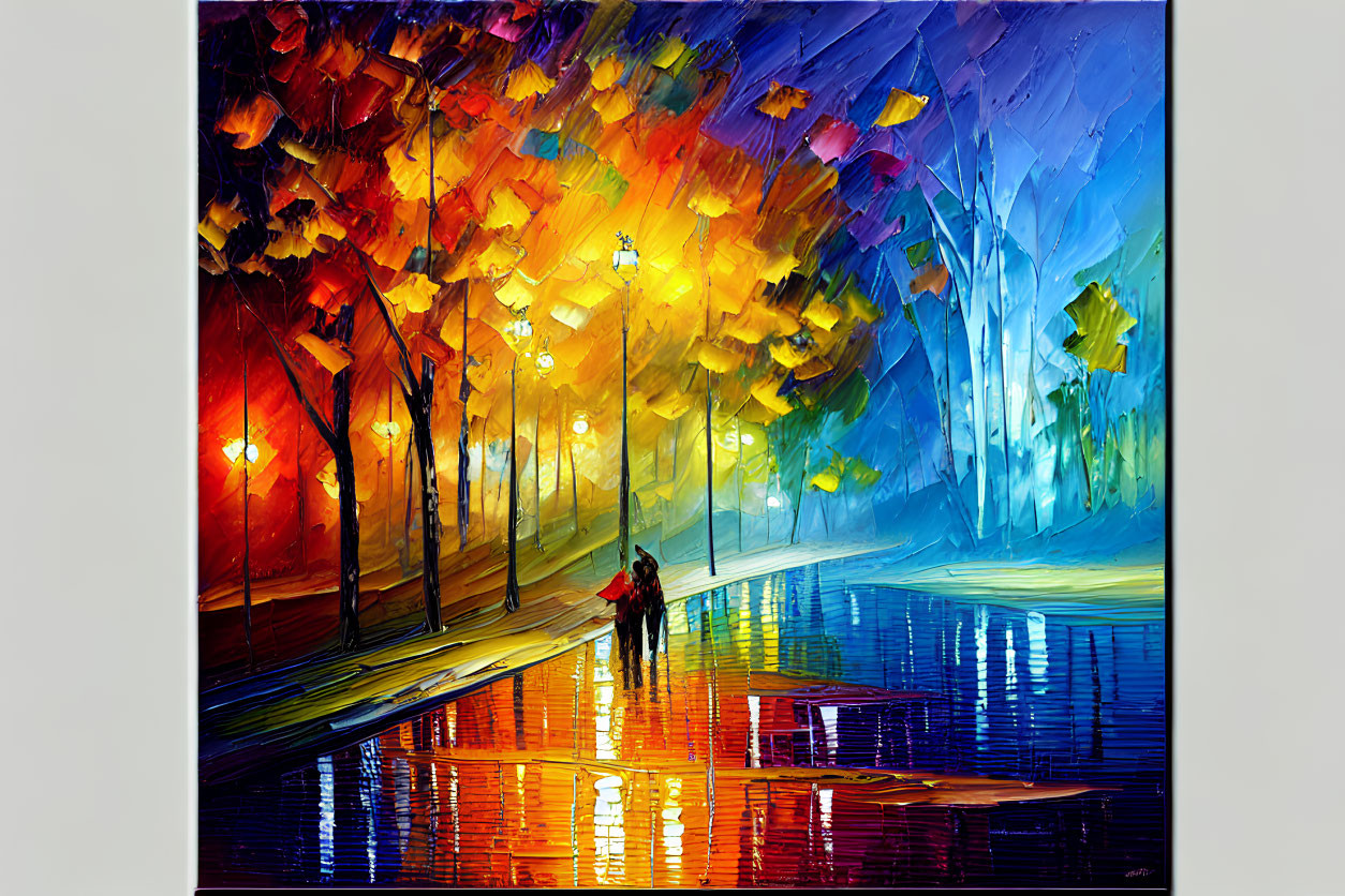 Vibrant painting of rain-soaked street with couple and umbrellas