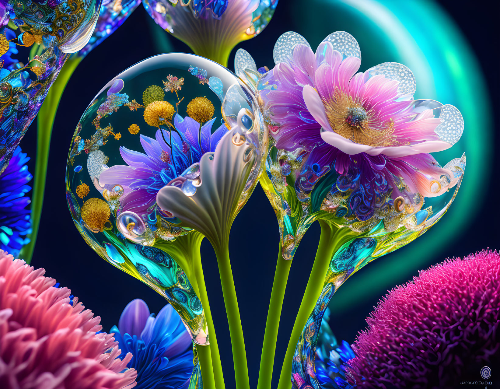 Colorful Fantasy Flower and Sphere Artwork on Dark Bokeh Background