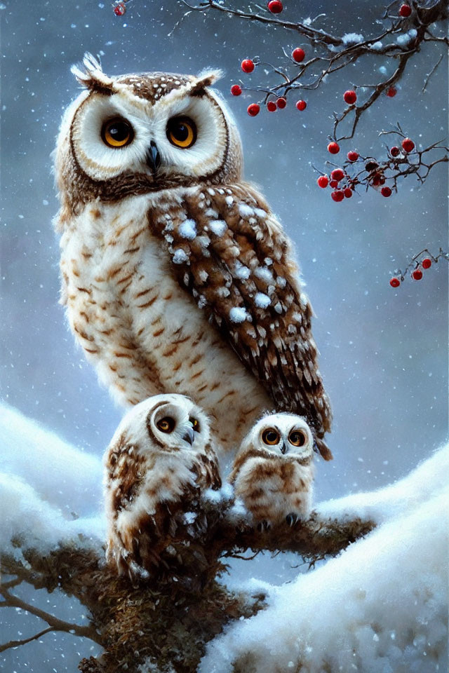 Adult Owl with Two Owlets on Snowy Branch with Red Berries