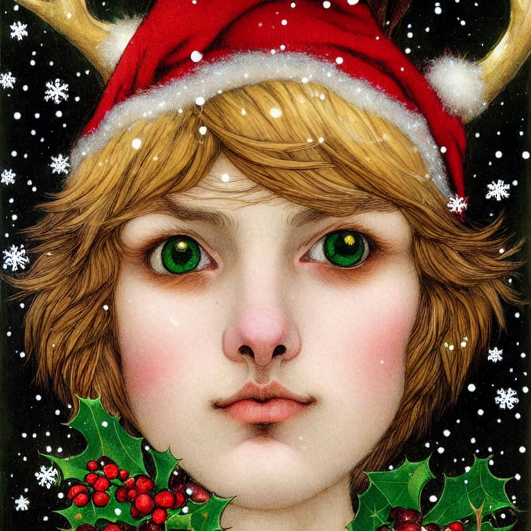 Person with Green Eyes in Santa Hat with Reindeer Antlers among Snowflakes and Holly Ber