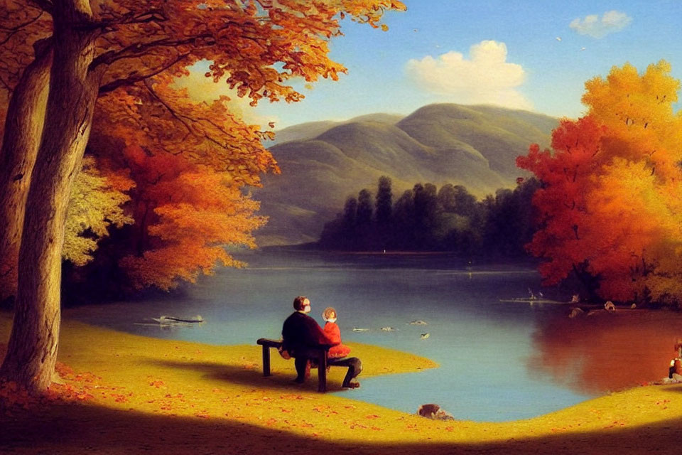 Couple on Bench by Serene Lake with Autumn Foliage