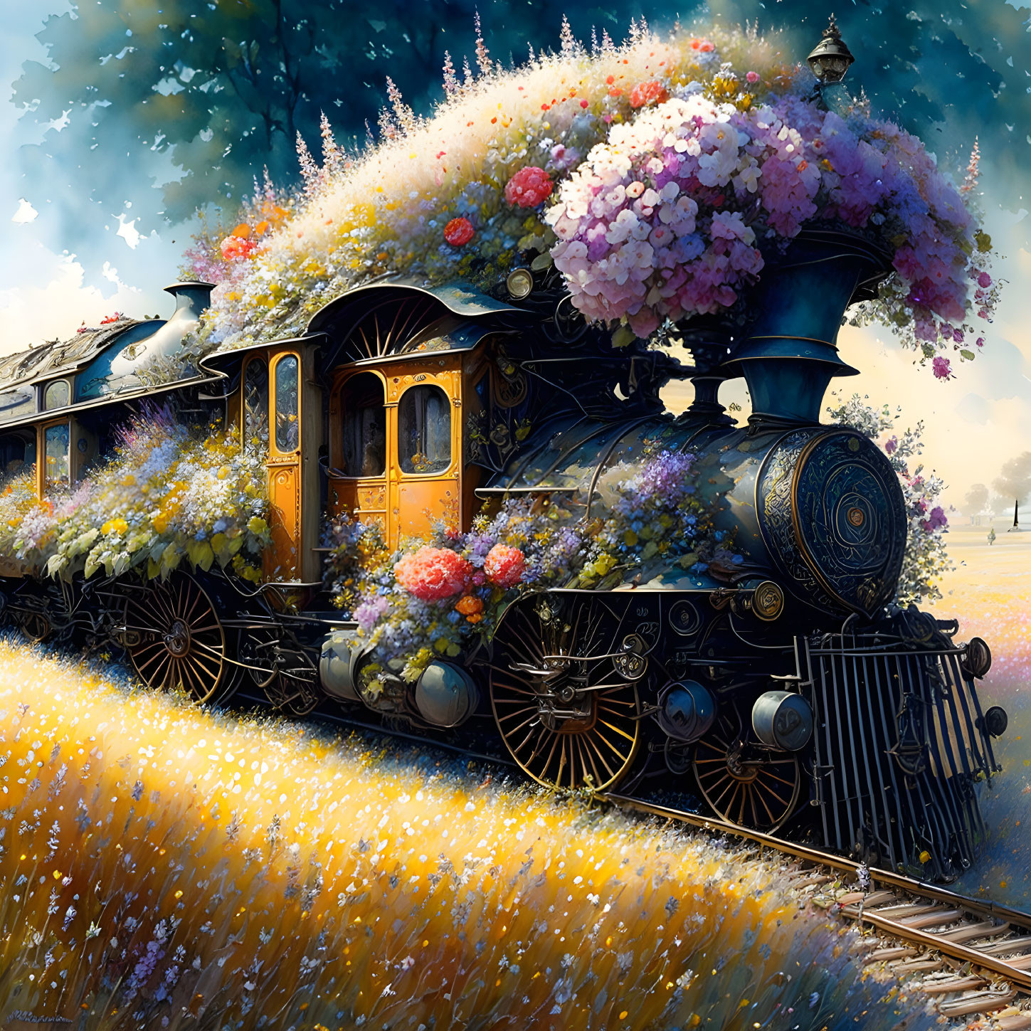 Vintage steam train with vibrant floral decor in luminous field