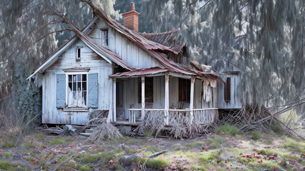 Abandoned wooden house with collapsing roof in wooded area
