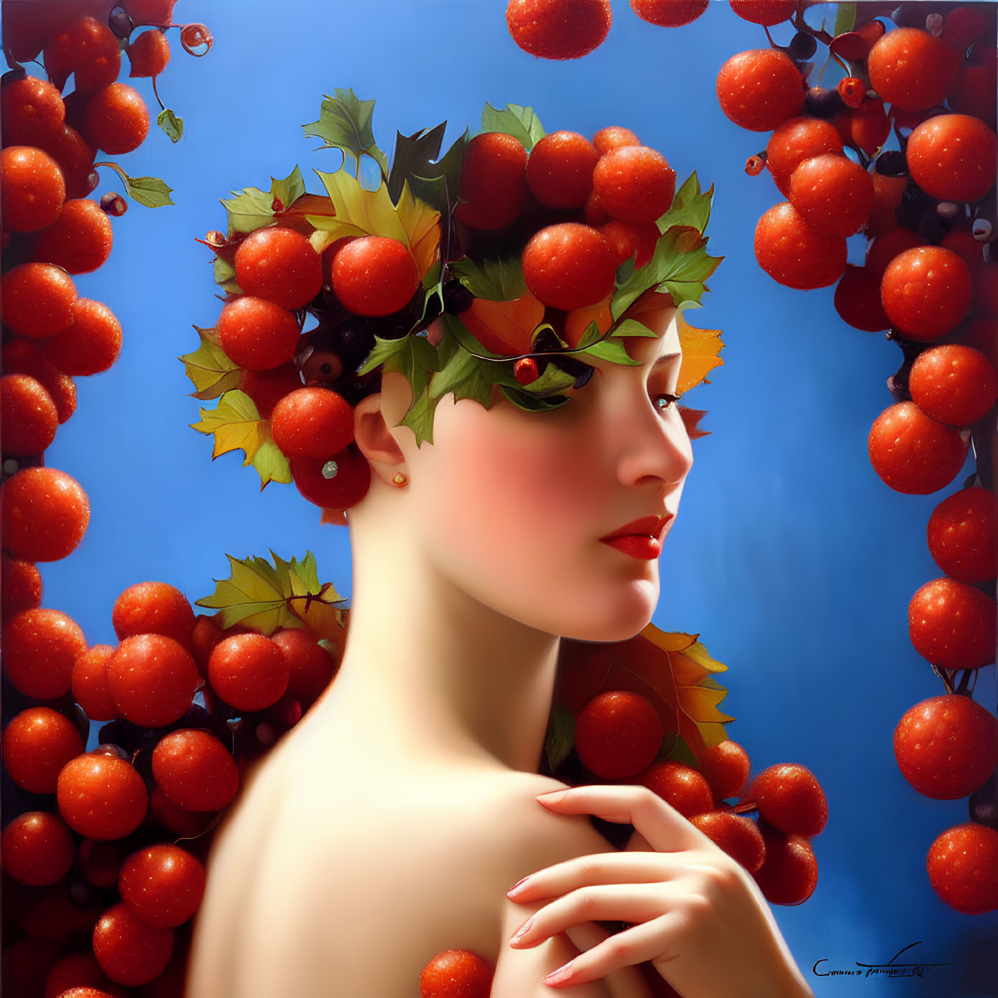Portrait of woman with fair skin, red lipstick, green leaf wreath, and cherries on sky