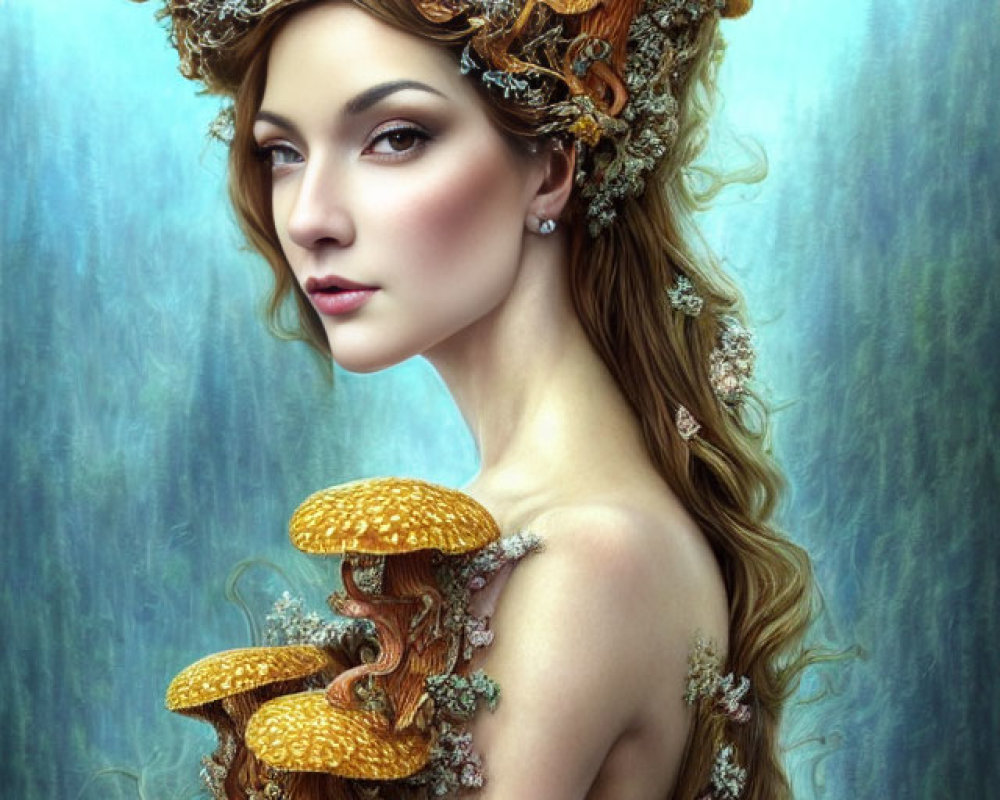 Fantasy-style woman with antler headdress in misty woodland