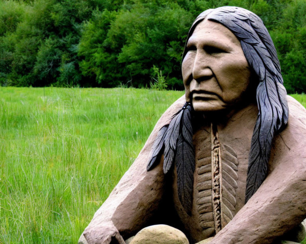 Native American sculpture in traditional attire amidst lush green foliage