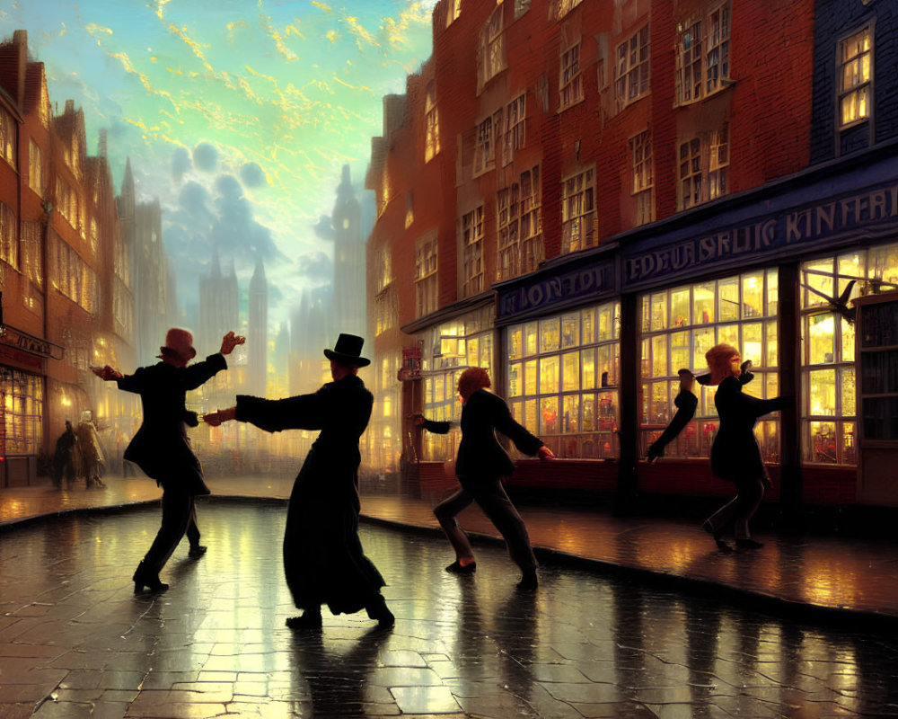 Silhouetted figures dancing on vintage street at dusk
