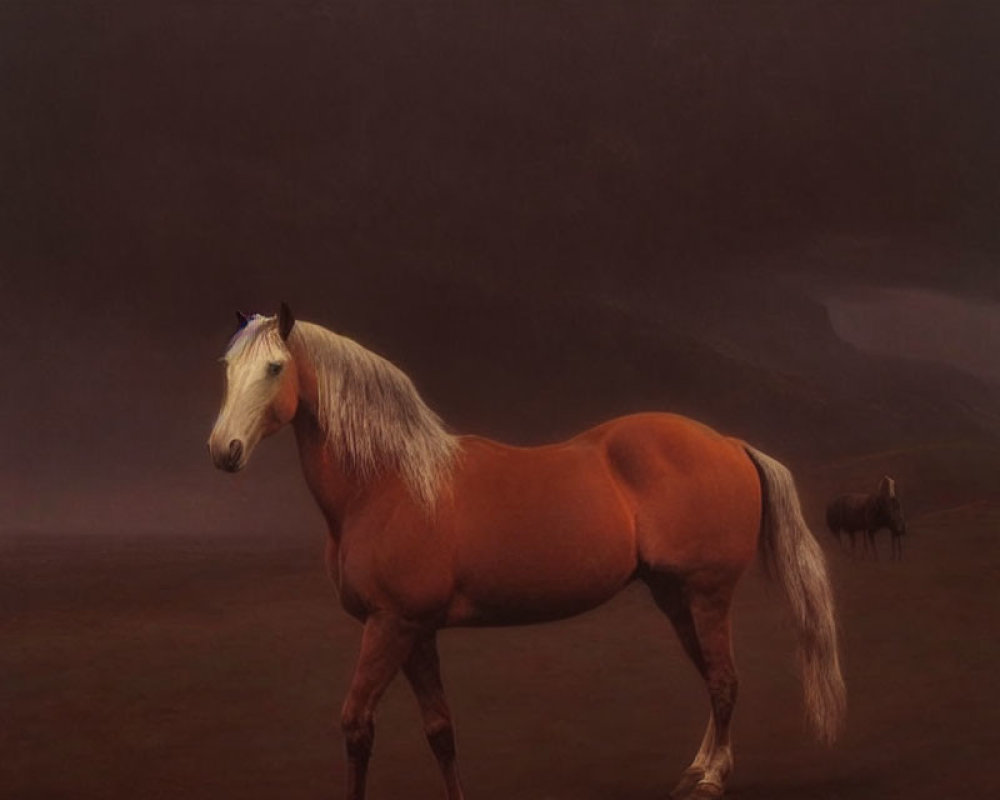 Chestnut Horse with Flaxen Mane in Dimly Lit Field
