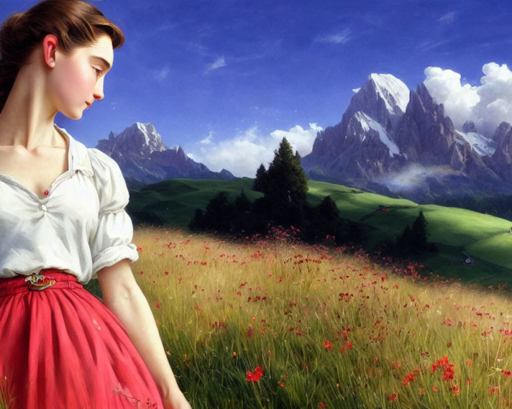 Woman in white blouse and red skirt in blooming field with mountains and blue sky