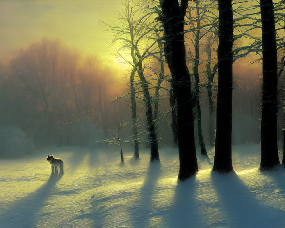 Snowy forest scene: Lone wolf at sunrise in bare trees.