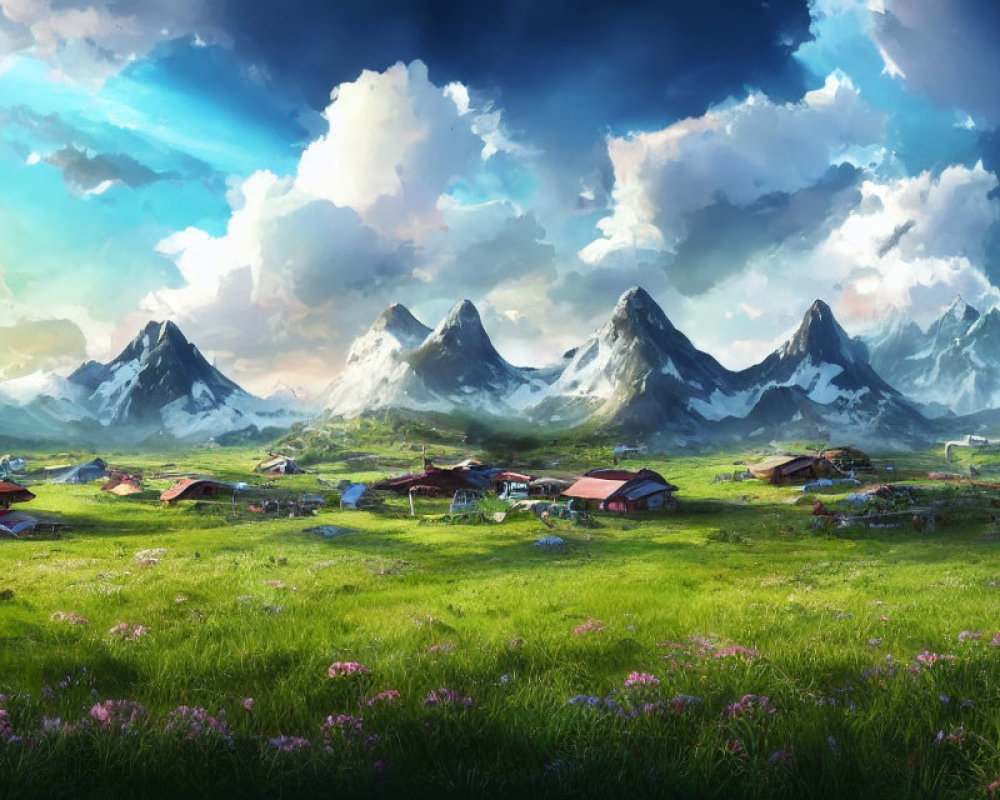 Scenic landscape with green meadow, flowers, houses, mountains, and sky