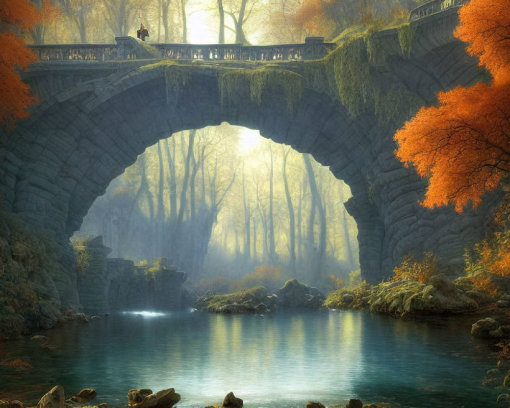 Tranquil river with stone bridge in misty autumn forest