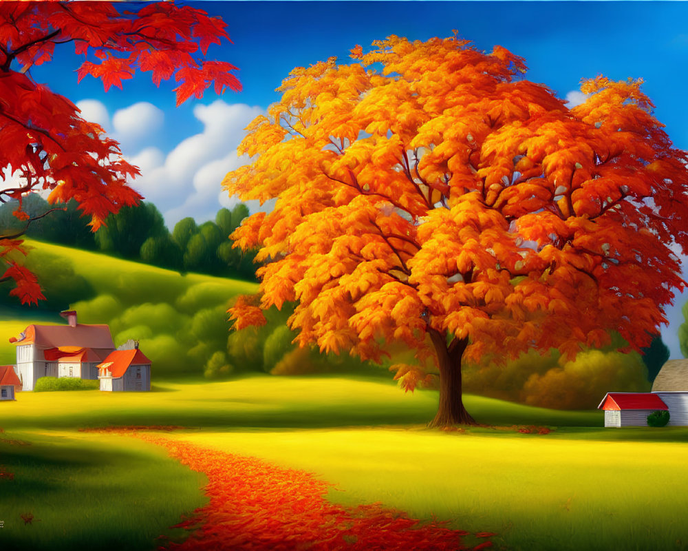 Fiery orange trees and red leaf-strewn path in autumn landscape