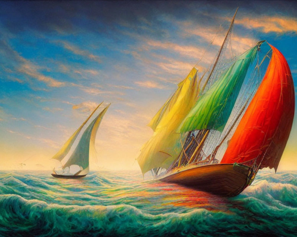 Colorful sailing boats on wavy seas under golden-lit sky