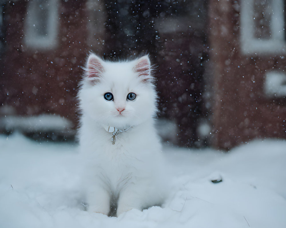 White Kitten with Blue Eyes Sitting in Snow with Falling Snowflakes