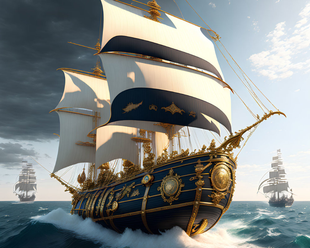 Golden-trimmed sailing ship with billowing white sails on the ocean under dramatic sky
