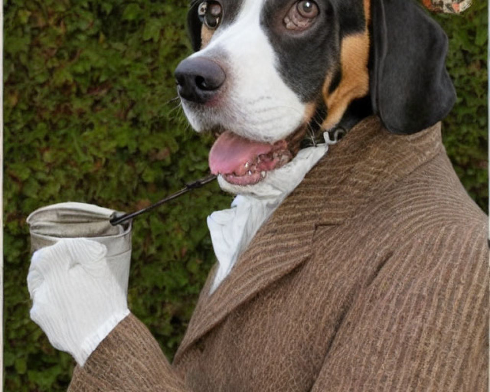 Dog Wearing Tweed Suit and Hat with Monocle in Human-like Pose