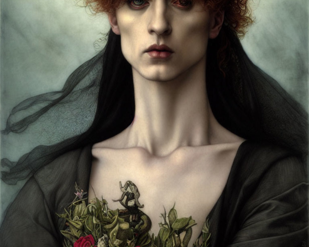 Portrait of person with voluminous red hair and floral-embroidered black garment