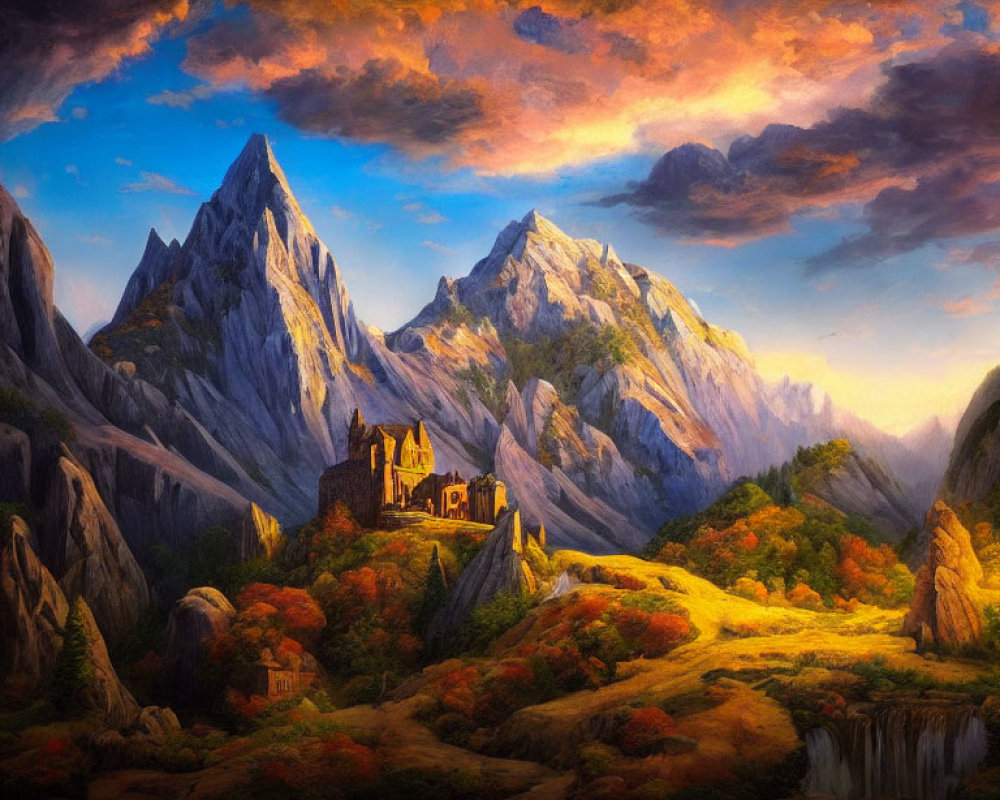 Mountain landscape painting with castle and sunset sky