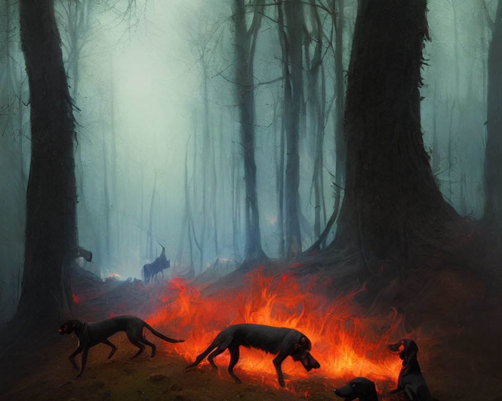 Mystical forest scene: slender black dogs, glowing red embers, fog-covered trees, dim