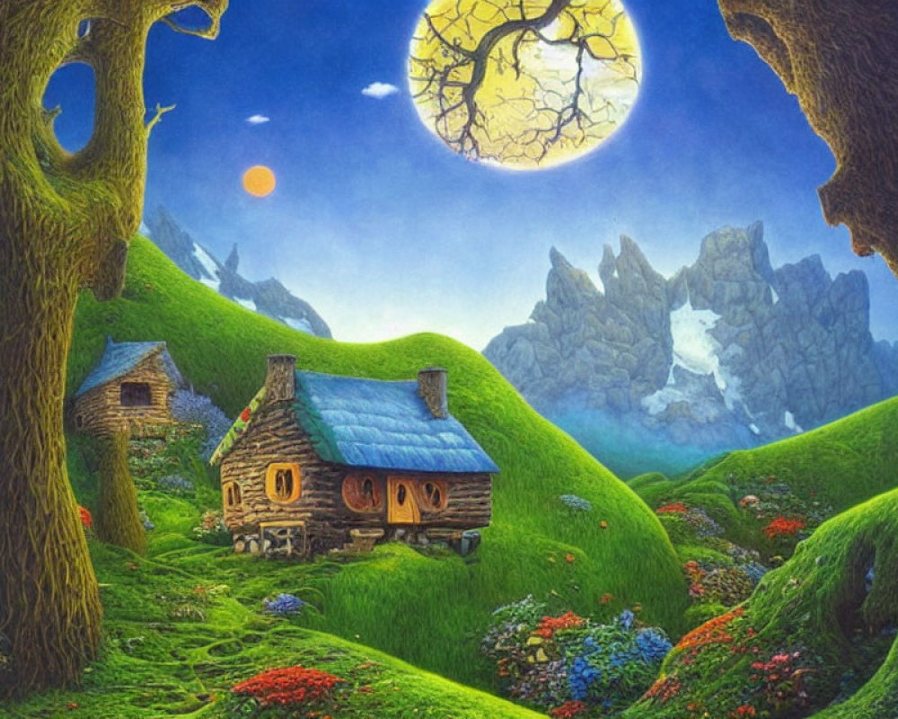 Colorful landscape with cottage, flowers, moon, sun, mountains, and trees.