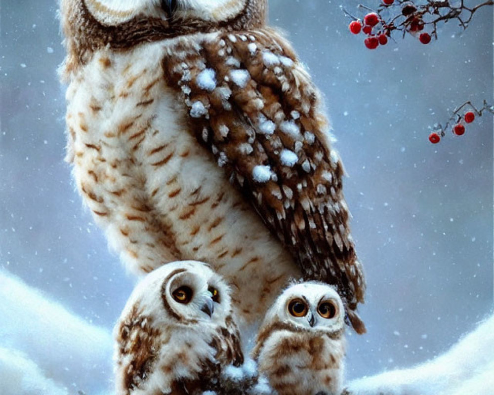 Adult Owl with Two Owlets on Snowy Branch with Red Berries