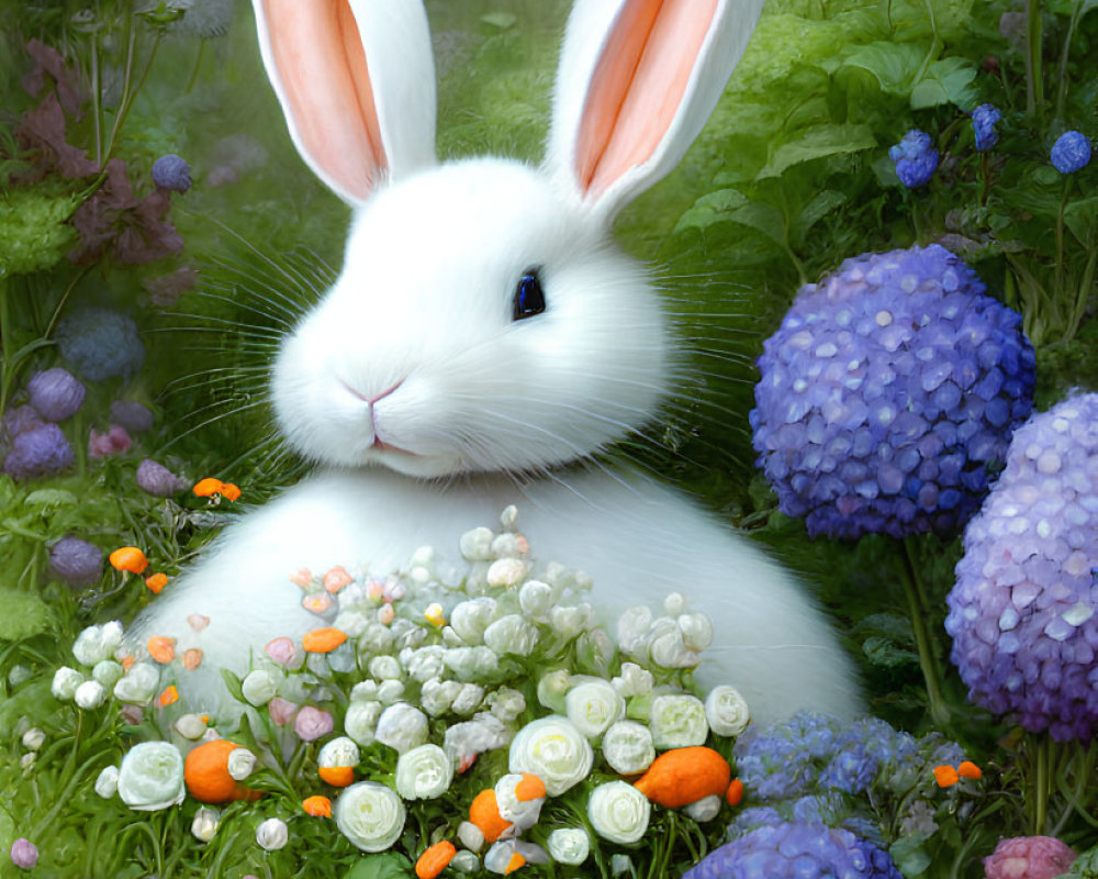 Whimsical digital artwork: White rabbit in colorful garden