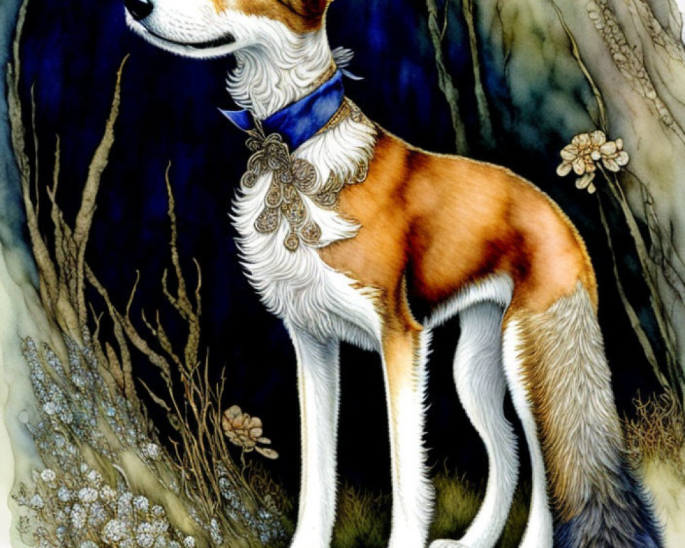 Detailed illustration of elegant dog with blue collar in twilight forest, showcasing intricate fur, attentive eyes, and