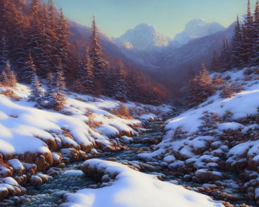 Snow-covered Mountain Landscape with Meandering Stream and Frosted Pine Trees