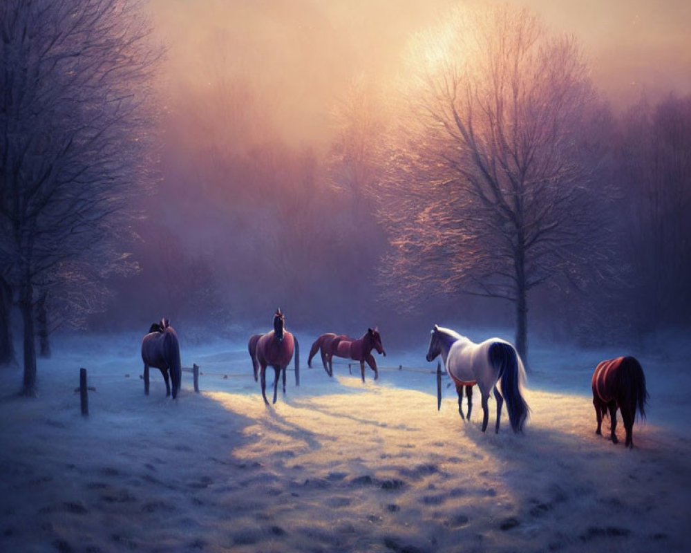 Tranquil dawn scene: Horses grazing in misty meadow at sunrise