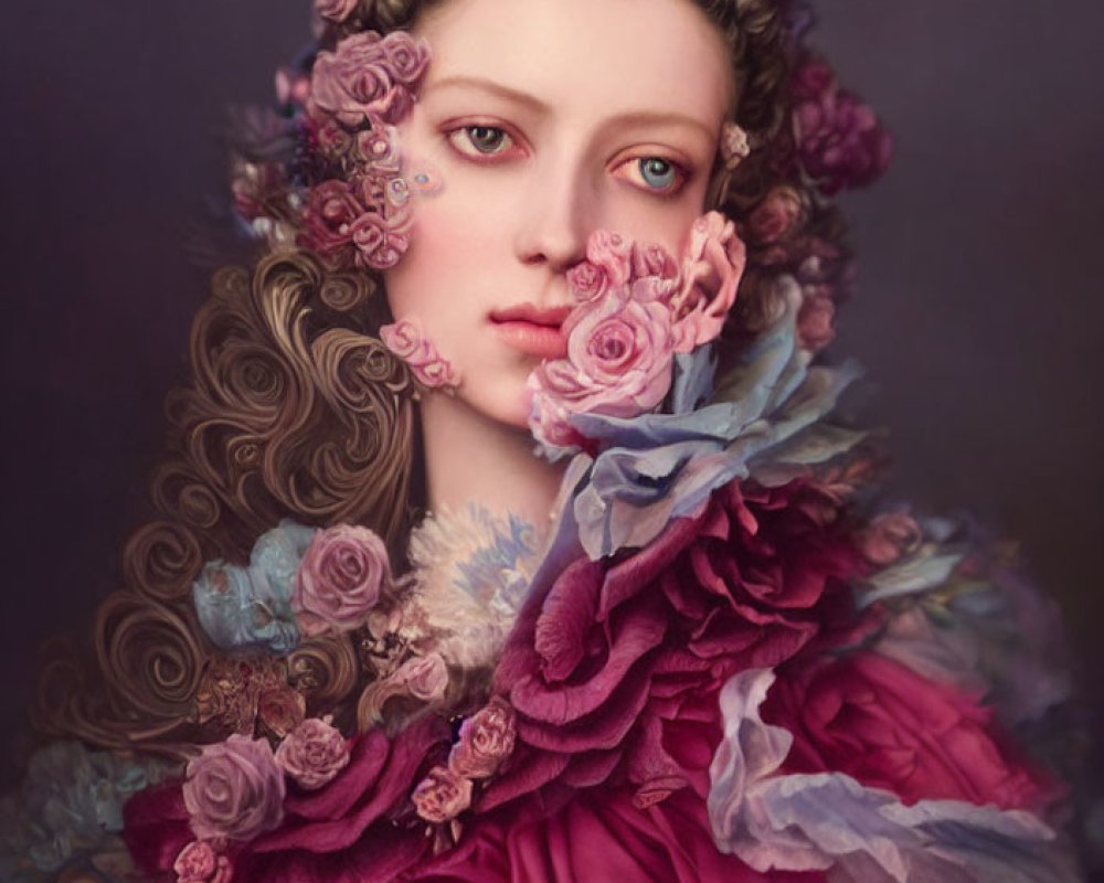 Surreal portrait of woman with floral face blending into ruffled pink attire