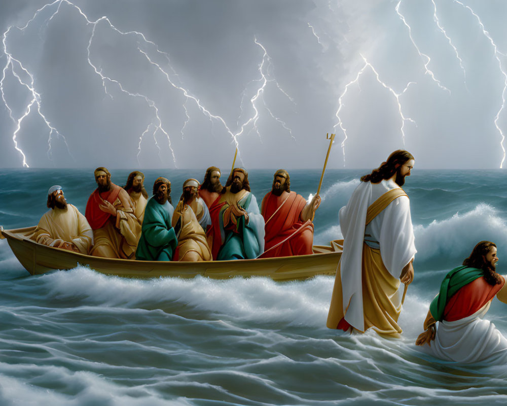 Men in boat during storm with lightning; one at bow, one on water with outstretched arms