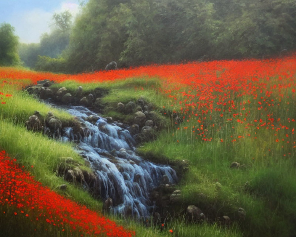 Tranquil landscape with red poppies, flowing stream, and lush greenery