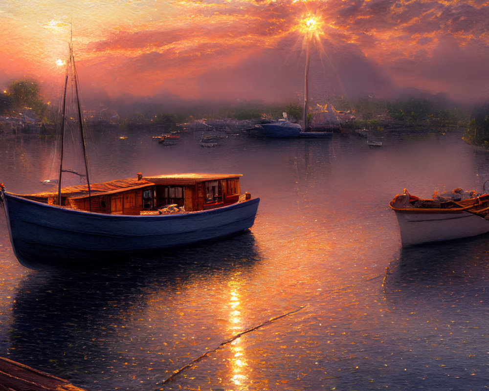 Tranquil harbor sunset with boats and golden reflections