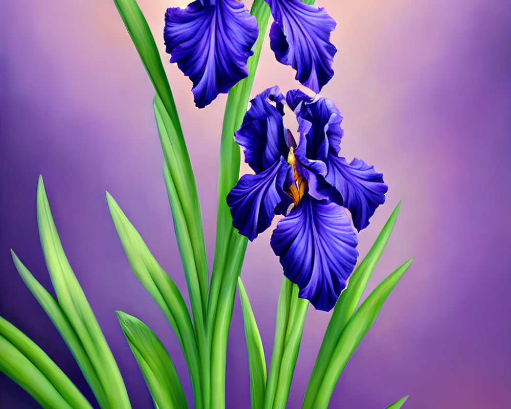 Colorful Blue Irises with Yellow Accents on Blurred Background