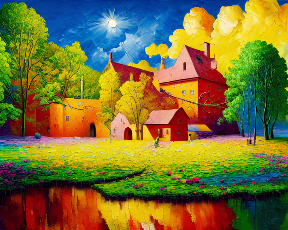 Colorful Landscape with Village, Trees, River, Sun, and Sky